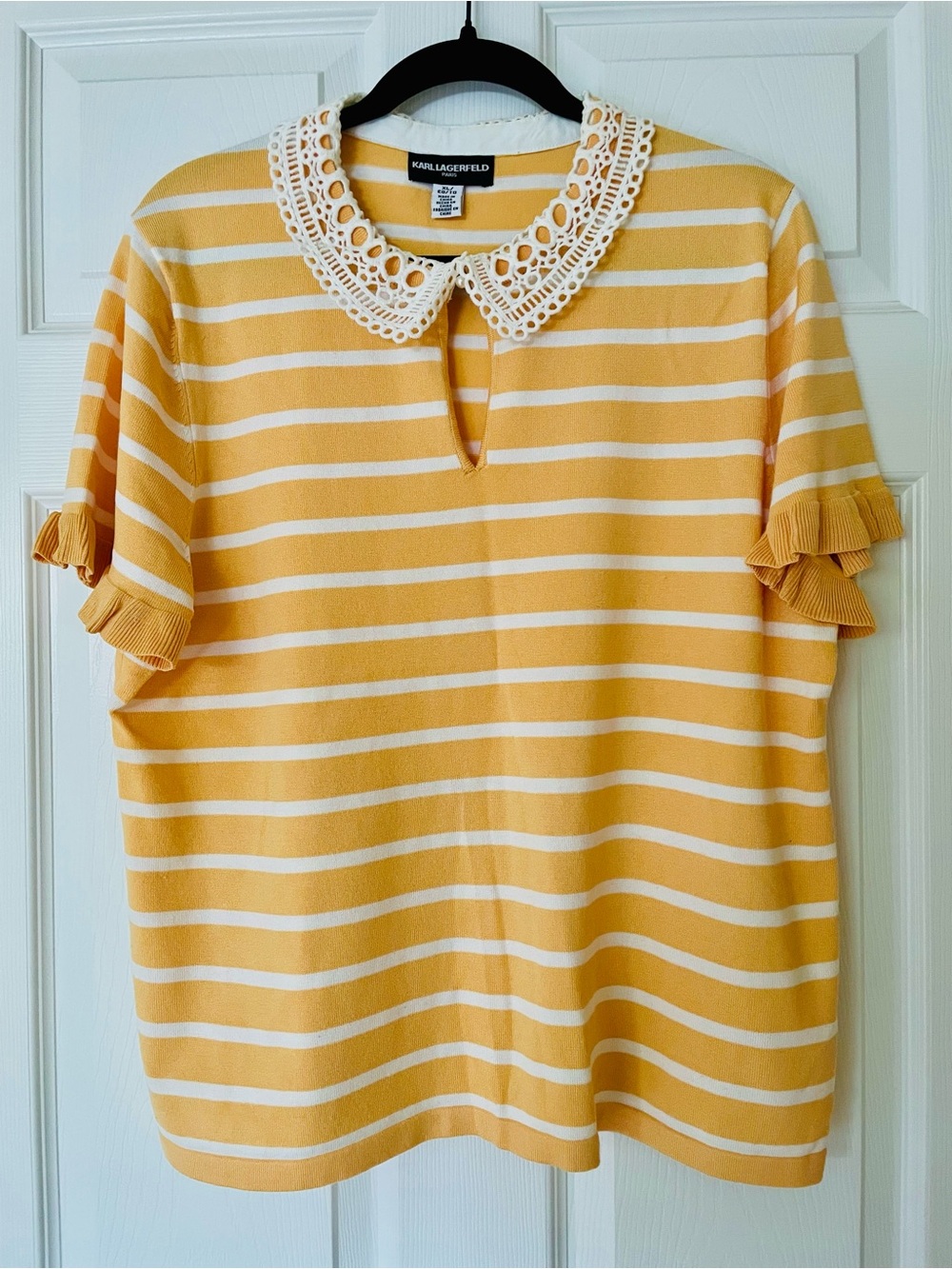 Karl Lagerfeld Paris Yellow&White Striped Knit Top Lace Collar Pearl Button
